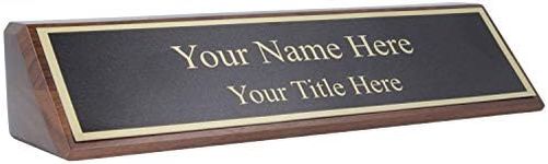 Personalized Walnut Wood Business Desk Black Name Plate with Gold Letters - 2" x 8"