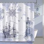 Bonhause Nautical Sailboat Map Shower Curtain 72 x 72 Inch Ship Compass Lighthouse Anchor Decorative Bath Curtain Polyester Fabric Waterproof Bathroom Curtain with 12 Hooks