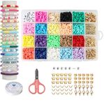 SANNIDHI® Clay Beads for Jewelry Making 3868pcs Kit, 18-Color Flat Polymer Spacer Beads with Pendant Charms, Elastic Strings and Scissors Set for Bracelets Necklace DIY Crafting Supplies