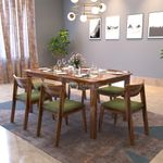 DRIFTINGWOOD Liana Solid Sheesham Wood Dining Table 6 Seater | Wooden Six Seater Dinning Table with Green Cushion Chairs | Dinner Table 6 Seater | Dining Room Sets | Self Assembly Natural Finish