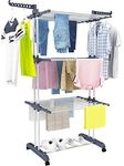 HOMIDEC Clothes Drying Rack, Oversized 4-Tier(67.7" High) Foldable Stainless Steel Drying Rack Clothing, Movable Drying Rack with 4 castors, 24 Drying Poles and 14 Hooks for Bed Linen, Clothing, Grey