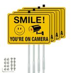 Faittoo Smile Your On Camera Signs with 36" Stake for Outside, 4-Pack 14"x10" Rust Free Heavy Aluminum, Reflective, Fade Resistant, 2 pre-drilled holes, Includes Matching Screws & Wrench, Easy to