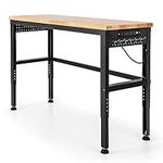 Goplus Adjustable Workbench, 53" Oak Board Garage Work Bench, Heavy-Duty Steel Work Table Hardwood Workstation, Easy Assembly