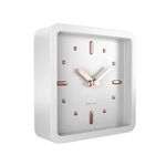 Driini Modern Mid Century Desk and Table Analog Clock (White Rose Gold) - Battery Operated with Silent Sweep Movement – Small Square Desktop Clocks for Mantel, Nightstand, Office, or Bedrooms