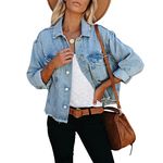 LONGBIDA Women's Jean Jacket Frayed Washed Button Up Cropped Denim Jacket With Pockets, Light Blue, Medium