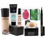 CLASSY HUDA professional foundation, primer, concealer, sponge puff, face powder, face mask stick & sketch eyeliner. Mini Makeup kit. COMBO