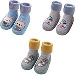 FedMois 3 Pairs Baby Winter Thermal Thick Anti-slip Indoor Slipper Shoes Socks, mouse, dinosaur and bird, 12-18 months