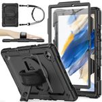 SEYMAC stock Case for Samsung Galaxy Tab A8 10.5 Inch with Screen Protector Pen Holder [360 Rotating Hand Strap]& Stand, Heavy Duty Shockproof Tablet Case for Samsung Galaxy Tab A8 2022, Black