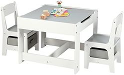 Kinder King Kids Wood Table & 2 Chairs Set, 3 in 1 Children Activity Table w/Storage, Removable Tabletop, Blackboard, 3-Piece Toddler Furniture Set for Art, Crafts, Drawing, Reading, Playroom, Grey