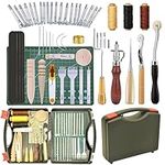 59 Pieces Leather Working Kit Leather Tools and Supplies with Leather Tool Box,Leather Tools Starter Kit with Waxed Thread Groover Awl Stitching Punch Stamping Tools for Leather Craft Making