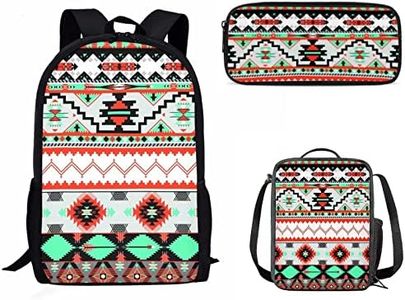 Mumeson Kids Backpack Set 3 Pieces Schoolbag with Crossbody Lunch Bag Thermal Heat,Small Pencil Case 3 Pack Backpack Set, Aztec Graphics, One Size, Rucksack Backpacks