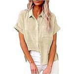 Button Down Cotton Linen Shirts Women V Neck Roll Up Short Sleeve Blouses Ladies Loose Collared Shirt Casual Work Tops Beige