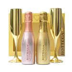 Bottega Prosecco Gift Set - Luxury Bottega Rose Gold, Bottega Gold Prosecco DOC, 20cl Mini Prosecco Bottles, 2x Champagne Flute Glasses - Pink Prosecco Gifts For Women, Birthday Alcohol Gift Set