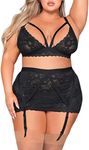 AIBINGGE Plus Size Lingerie Set for Women Floral Lace Scallop Trim Bra high waist skirt Garter Lingerie Set, Black, 3X-Large