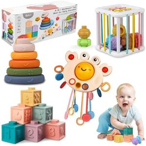 Richday 4 in 1 Montessori Juguetes Apilamiento de Bloques de construcción Sensorial Cesta dentición Juguetes Regalos bebé sensorial Bin Forma Clasificador Juguetes Cubos de Colores 6-12-18meses