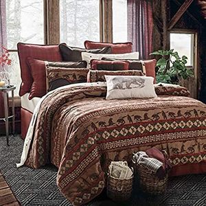 HiEnd Accents Cascade Lodge Rustic 5-PC Lodge Bedding Set, Bear Silhouette (Red/Brown), Super Queen