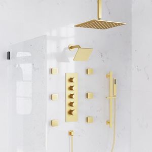 GRANDJOY Thermostatic Shower System, 16" Ceilling Rainfall Shower Heads 6" Wall Mount Rainfall Shower, 6 body jets & Handheld Showerhead with Adjustable Slide Bar, Brushed Gold