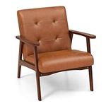 COSTWAY Armchair Accent Chair, Tufted Leather Upholstered Single Sofa Chair Lounge Armchair with Rubber Wood Legs, Mid Century Modern Comfy Reading Chair for Living Room Bedroom Reception (Brown)