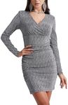 PEIQI Women's Sparkly Rhinestone Party Club Dress Glitter Cocktail Wedding Long Sleeve Ruched Mini Dresses Silver XX-Large