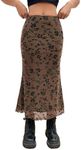 Verdusa Women's Lettuce Trim High Waist Mesh Fishtail Bodycon Long Skirt Brown Floral Small