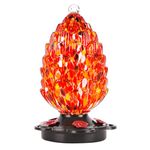 LUJII Pine Cone Shaped Hand Blown Glass Hummingbird Feeder for Outdoors Hanging,Hand Blown Glass Hummingbird Feeder with Perch, 25 fl.oz, Unique Gift for Friends, Garden & Backyard Decor, Red