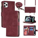 Jaorty Compatible with iPhone 11 Pro Max Wallet Case,[9 Card Slots] Removable Adjustable Crossbody Necklace Lanyard Shoulder Strap Zipper Magnetic Leather Case for iPhone 11 Pro Max,6.5" Burgundy