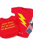 Baby Moo's Superhero Baby Gift Set Boys or Girls | Baby Grow, Bib, Card & Stickers | Funky Hero Flash Bolt - Unisex Baby Shower Gifts, New Baby Gift UK (3-6 months)