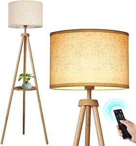 OUTON LED Floor Lamp Dimmable Tripod Wood with Shelf, Remote Control, 4 Colour Temperatures, 1 Hour Timer Function, Tripod Floor Lamp with Beige Lampshade for Living Room, Bedroom, Office (Wood)