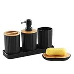 Duscdesp Plastic Black Bathroom Accessories Set 5 Piece with Bamboo Cover.Bathroom Sets Including Bathroom Soap Dispenser,Toothbrush Holders for Bathroom, Bathroom Cup,Soap Dish and Vanity Tray.