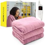 MONHOUSE Heated Throw - Electric Blanket - Digital Controller - Timer up to 9 hours, 9 Heat Settings, Auto Shutoff - Machine Washable - Single 130X160cm - PINK