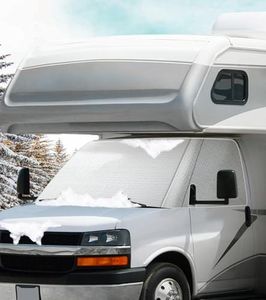 VANNCAMP RV Windshield Cover for Chevy Motorhome 2001-2020, Thick Oxford Front Window Sunshade Cover, Class C RV Windshield Cover for Ice & Snow, Gray with Mirror Cutouts