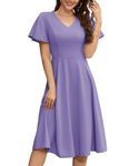 Bridesmay Women A-Line Church Dresses for Teen, V-Neck Skater Midi Dress for Junior，Stretchy Sun Dress for Vacation Lavender L