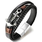 HALUKAKAH ● SAIL ● Men's Genuine Leather Handmade Braid Anchor Bracelet Titanium Matt Silver Magnetic Clasp 8.5"/21.5cm with Free Giftbox