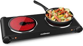 Double Hot Plate, CUSIMAX 2400W Electric Hob Ceramic Hot Plate, Portable Double Camping Hob Infrared Cooktop with Dual Temperature Control, Easy to Clean, Black Stainless Steel