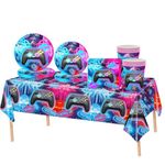 69Pcs Video Game Party Tableware for Boy Gaming Birthday Decorations,Gaming Player Party Plastic Table Cloth,Paper Plates,Napkins and Cups for Kids Boys Girls Game Controller Birthday Party Supplies