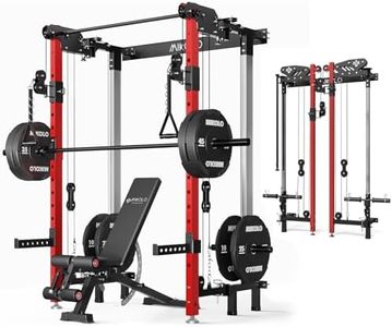 Mikolo Folding Squat Rack, Wall Mounted Power Rack with Cable Crossover Machine & LAT Pull Down, Functional Trainer with 5 Adjustable Function Modes, Basic Home Gym Package with Weights (Red)