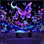 Yuiqear Blacklight Butterfly Tapestry UV Reactive Floral Plant Tapestry Trippy Nature Landscape Wall Tapestry Mysterious Starry Night Sky Tapestry Wall Hanging for Bedroom Decor