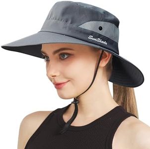 NPJY Sun Hat Womens Men 3” Wide Brim UPF 50+ Fishing Beach Bucket Hats, Grey(ponytail Hole), One Size