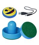 New Yellow Air Hockey Pucks and Blue Paddles - Smile Design Air Hockey Pucks for Any Flat Surface, Include a Charging Cable and Electronic Rechargeable Air Hockey, 2 Air Hocky Strikers