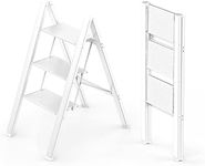 WOA WOA 3 Step Ladder, Folding Stepladder with Anti-Slip Pedal, Lightweight Portable Ladders, Aluminum Step Stool for Home, Kitchen, Office 300lbs - White