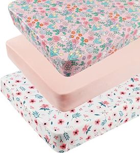Tontukatu Pack n Play Sheet Stretchy Fitted Portable Mini Crib Sheets Set 3 Pack,Playard Sheets Convertible Playard Mattress Cover,Ultra Soft Jersey Material,Floral,Grey Rabbit & Pink