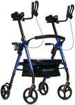 ELENKER Heavy Duty Upright Rollator Walker with Extra Wide Padded Seat and Backrest, Bariatric Stand Up Rolling Walker, Fully Adjustment Frame for Seniors, Blue