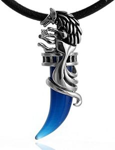 DonDon Collar de Cuero para Hombre 50 cm con Colgante de Acero Inoxidable Lobo Diente Azul