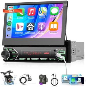 Hodozzy DAB Single Din Flip Out Car Stereo with Wireless Carplay Android Auto, 7 Inch Automatic Retractable Touchscreen Car Radio with Wired Mirror Link,Bluetooth,USB, EQ,Type-C,FM Radio,SWC,Camera