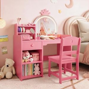 2‑in‑1 Vanity Set, LED Crown Mirror with Chair, Detachable Desk, Pink