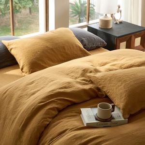 Sijo Stone Washed Organic French Linen Bed Sheet Set, GOTS Certified Organic, Best Cooling Linen Sheet Award by Sleep Foundation, 4 Piece - 2 Pillowcases, 1 Fitted and 1 Flat (Turmeric, King)