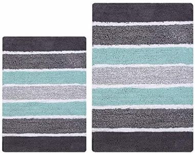 Bathroom Rugs Luxury Stripe Bath Rug Set 21x32-17x24 Grey-Aqua,2Piece Mat Set, Soft Plush Anti-Skid Shower Rug +Toilet Mat.Shaggy Carpet, Super Absorbent mats, Machine Washable Bath Mat,