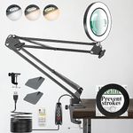 10X 15X Magnifying Glass with Light, 3 Color Modes Stepless Dimmable Lighted Magnifier Clamp Lamp with Remote Control, Adjustable Arm 4.3" Glass Lens LED Magnifying Glasses for Hobbies Reading Work