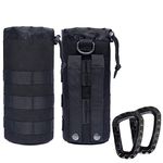 Rouinek Tactical Water Bottles Pouches - 1000D Molle Bottle Holder Bag Military Drawstring 32OZ Hydration Carrier Bags with Carabiner (2 Pack Black+Black)