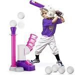 HYES 2 in 1 T Ball Sets for Kids 3-5, Tee Ball Set with Step on Pitching Machine/Adjustable Batting Tee/Retractable Baseball Bat/8 Balls, Outdoor Sport Toy Games for Girls Toddlers, Purple